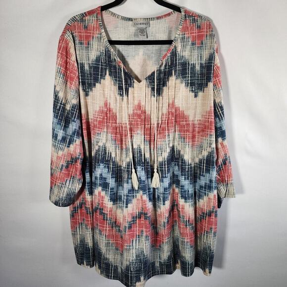 Catherines Popover Linen Blend Blouse Size 3X Southwestern Tasseled 3/4 Sleeve - Picture 1 of 8